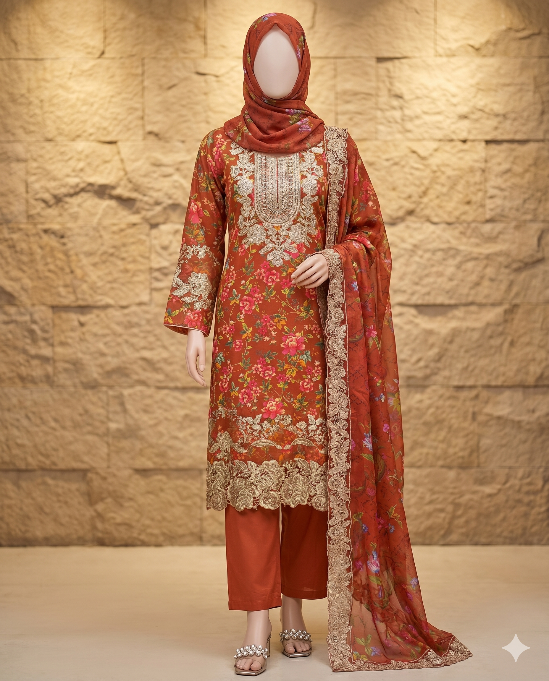 Orange Dress Un-Stitch Three-Piece Set - Image 1